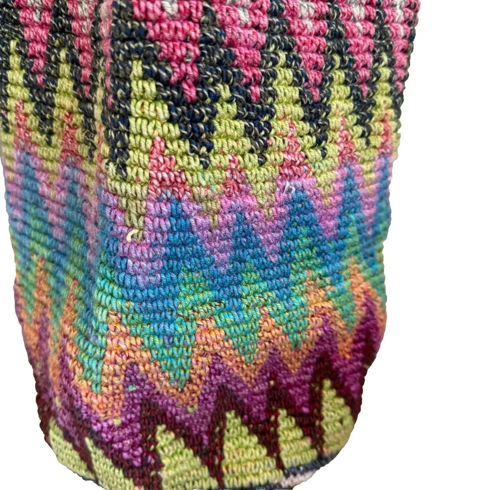 Vtg Y2K 90s Crochet Crossbody Bag Boho Rainbow Bucket Purse Hobo Hippie Festival